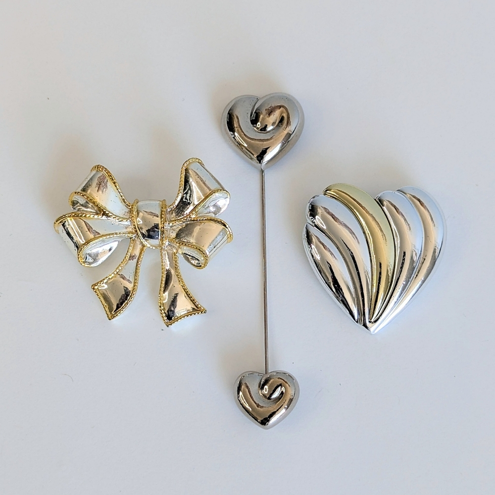 Vintage Lot/ 3 Gold Silver Tone Bow Heart Brooch Mixed Metal Unsigned, Danecraft - Picture 2 of 8